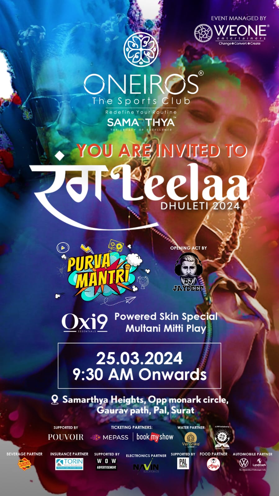 Rang-Leela Dhuleti 2024, Oneiros the Sports Club, unique Holi festival, Surat, oxi9 Multani Mitti Play Arena, Miss Purva Mantri,